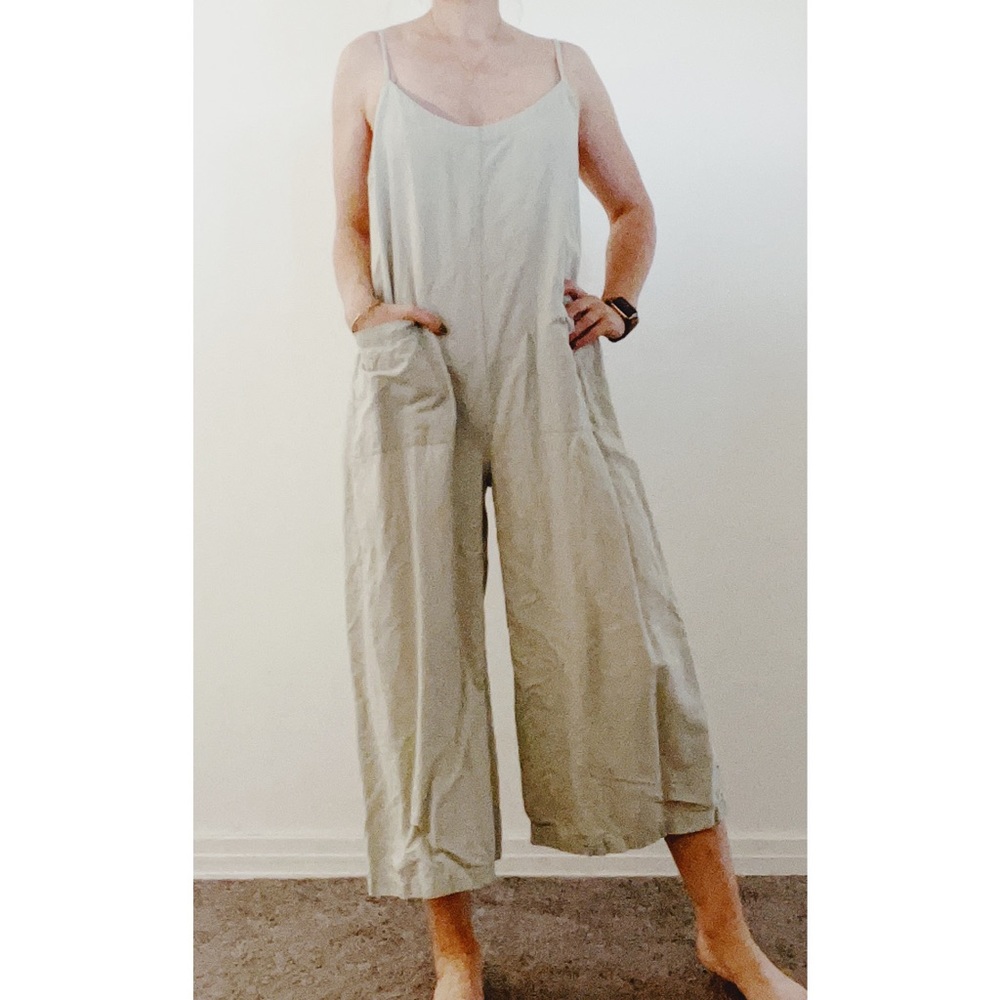 Ali Golden linen jumpsuit. Pale mint green, wide cropped leg. Size small.